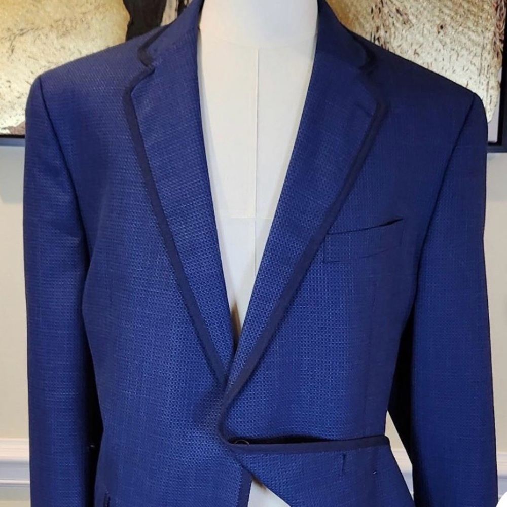 Tallia Blue 100% Wool Sport Coat Blazer 48R Contrast Trim Paisley Lining